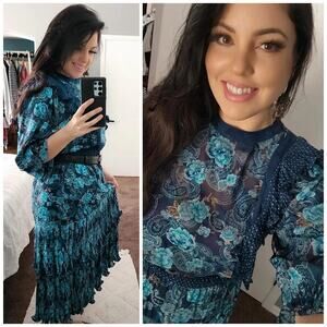 Diane Freis Vintage Georgette Floral Beaded Pleated Skirt Dress